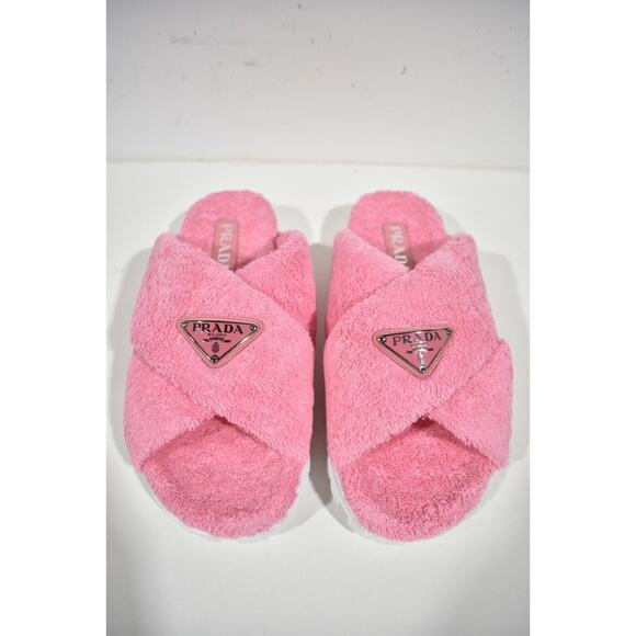 Prada Terry Pink Triangle Logo Criss Cross Strap Slide Sandal Flip Flop 40.5 - Picture 7 of 12
